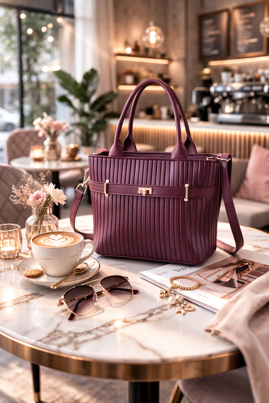 Velora Luxe Pleated Tote Bag – Maroon Elegance