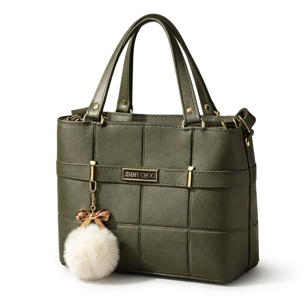 Luxury Olive Green Quilted Tote Bag – Premium Handbag with Pom-Pom Charm