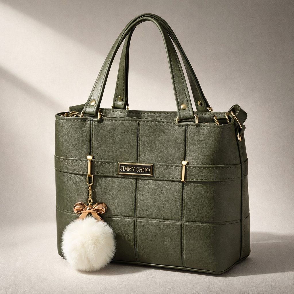 Luxury Olive Green Quilted Tote Bag – Premium Handbag with Pom-Pom Charm