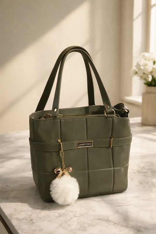 Luxury Olive Green Quilted Tote Bag – Premium Handbag with Pom-Pom Charm