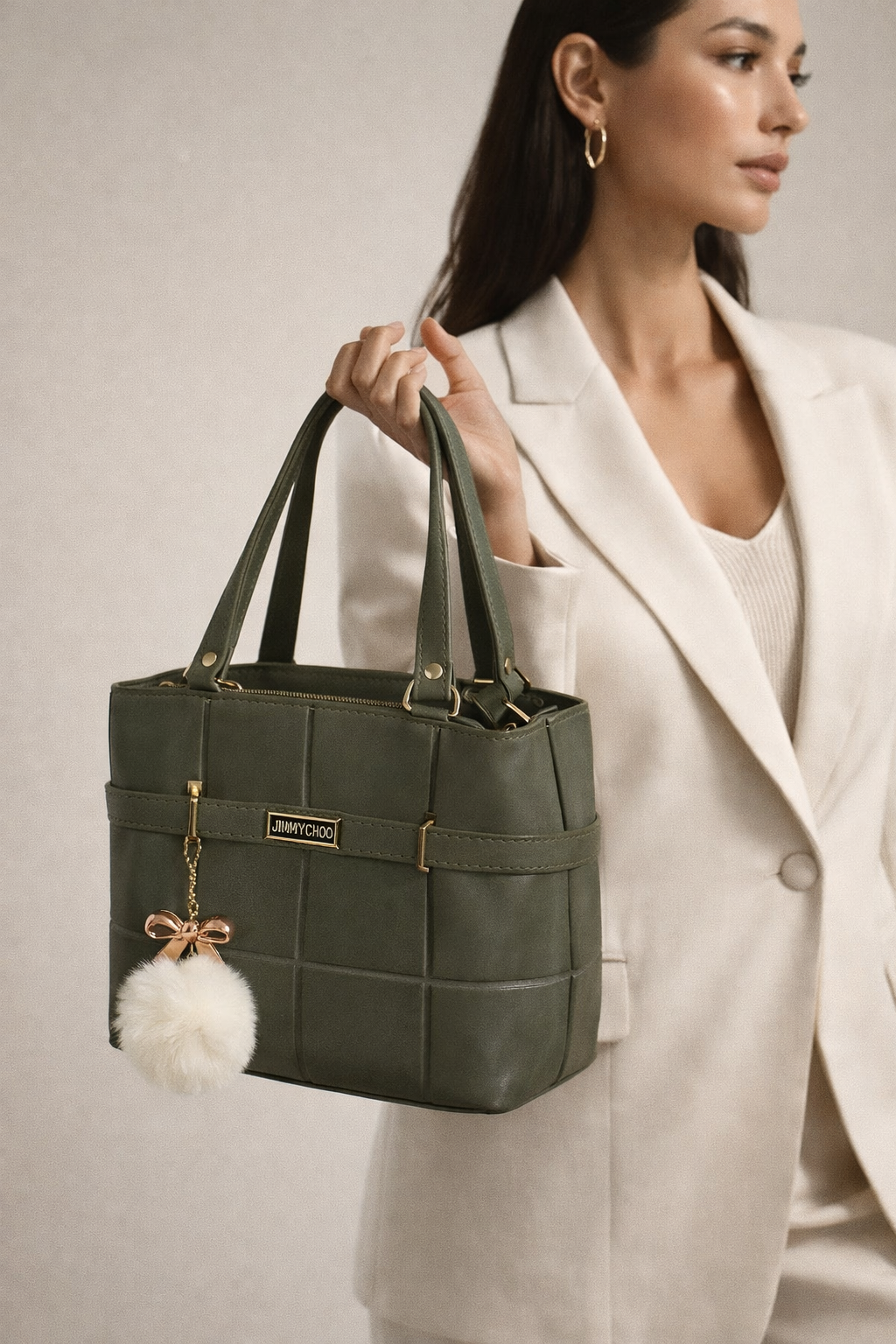 Luxury Olive Green Quilted Tote Bag – Premium Handbag with Pom-Pom Charm