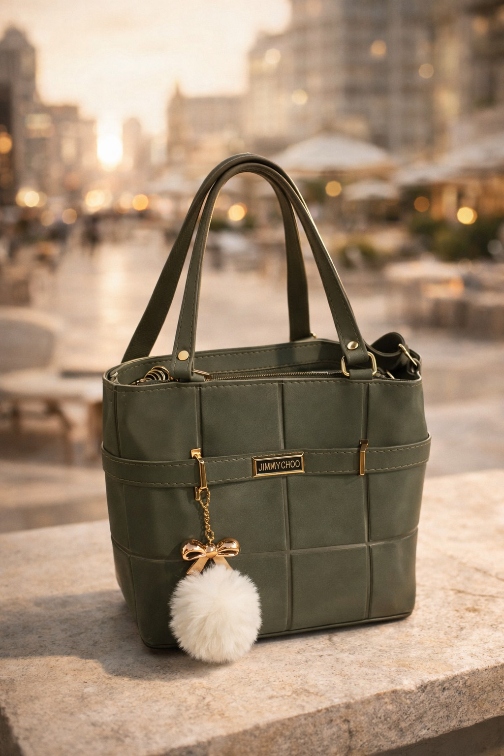 Luxury Olive Green Quilted Tote Bag – Premium Handbag with Pom-Pom Charm