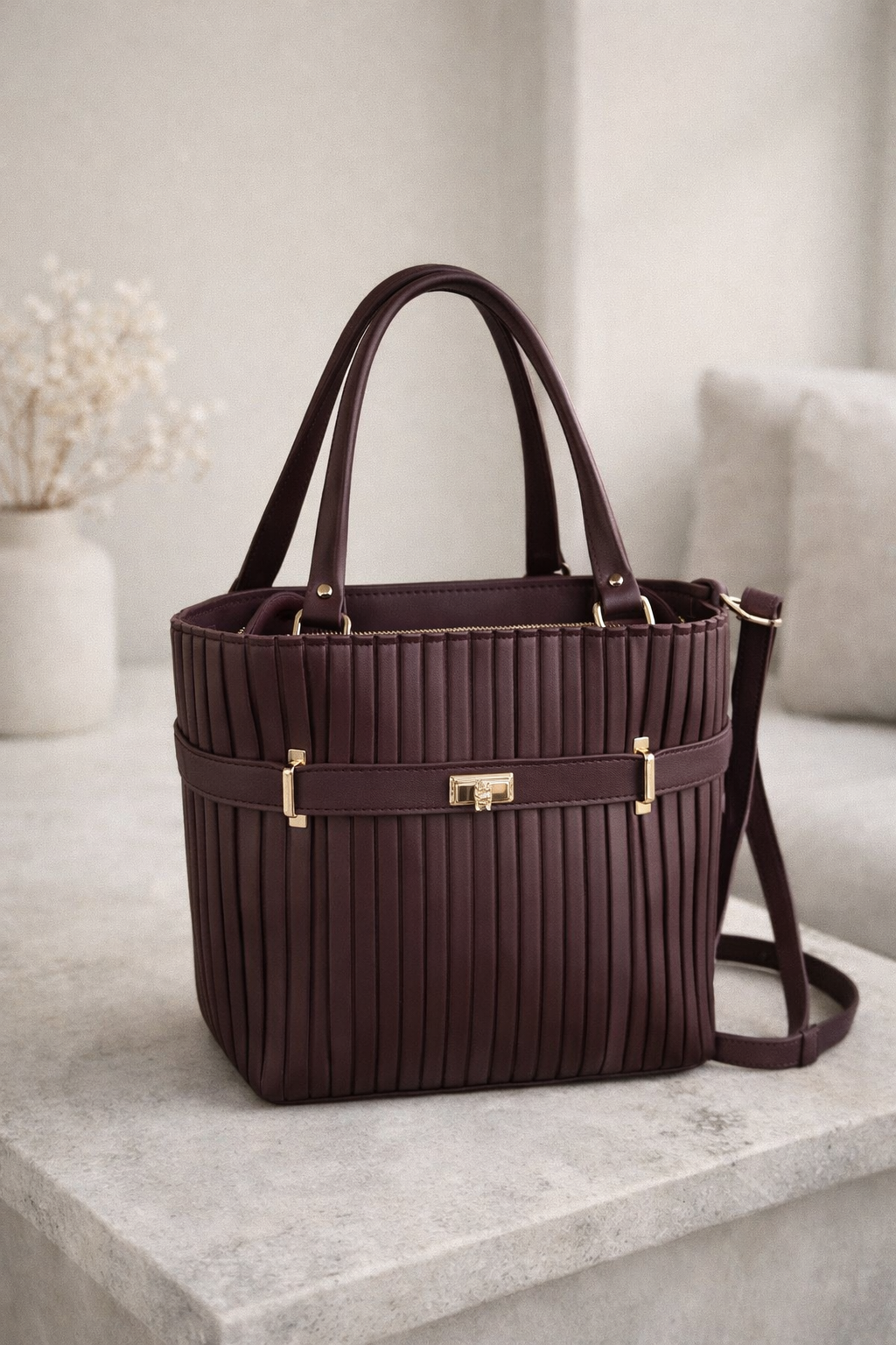Velora Luxe Pleated Tote Bag – Maroon Elegance