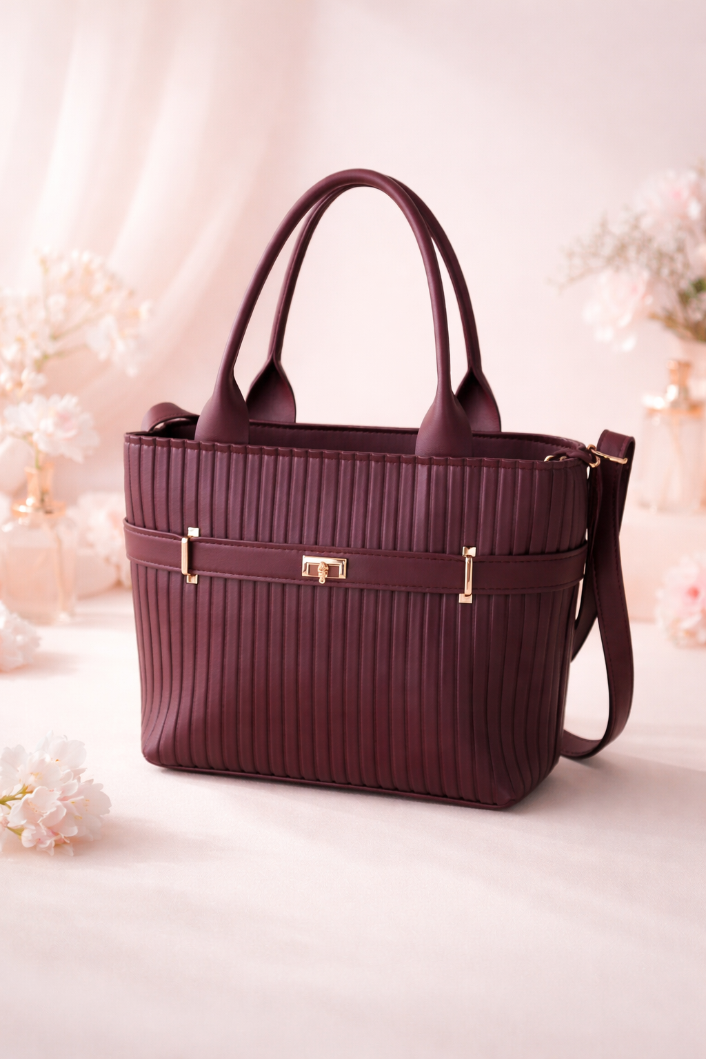 Velora Luxe Pleated Tote Bag – Maroon Elegance