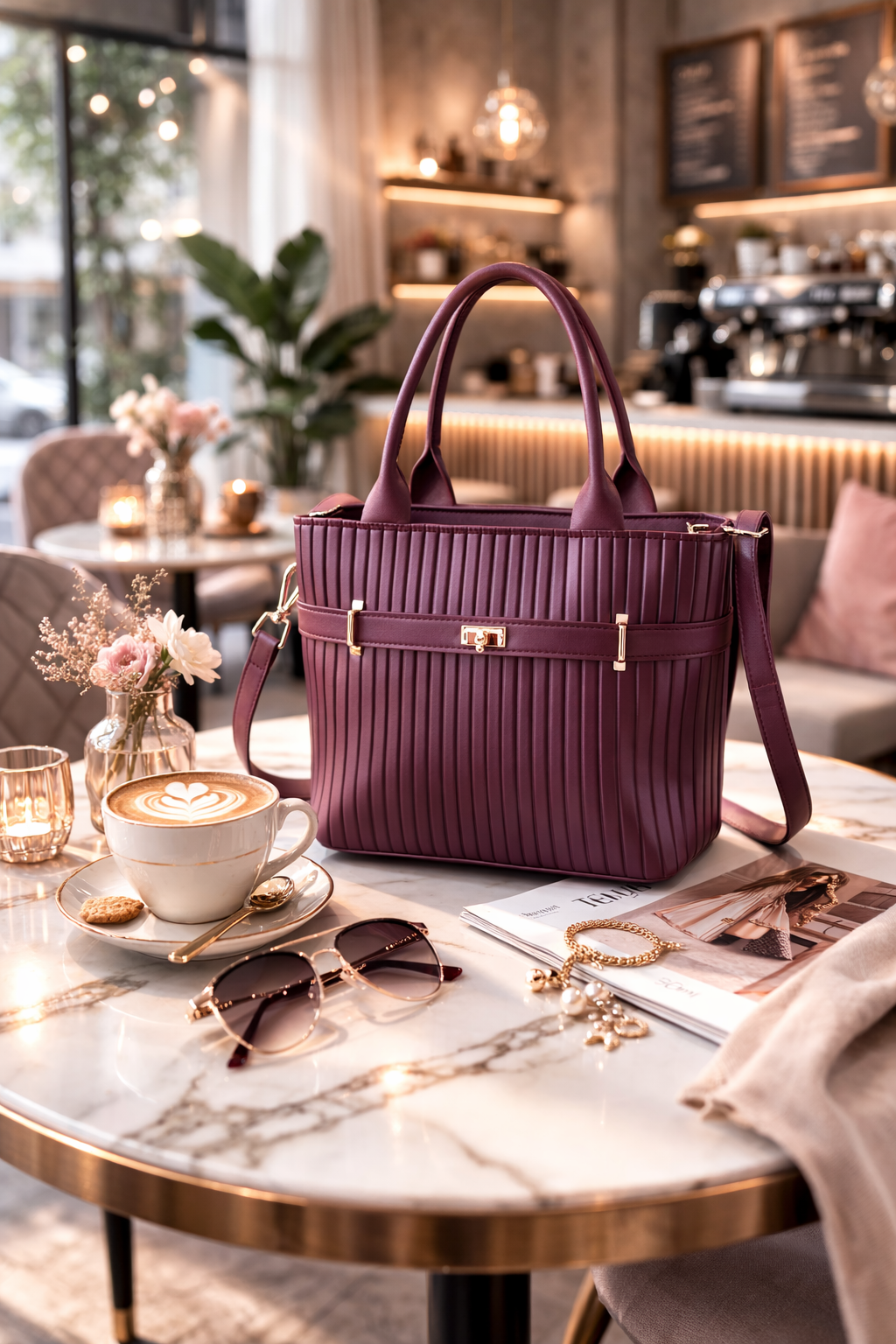 Velora Luxe Pleated Tote Bag – Maroon Elegance