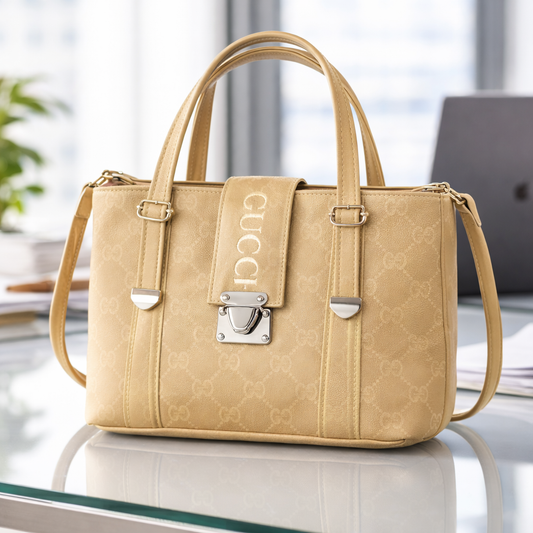 Premium Monogram Satchel Handbag – Elegant Beige Tote with Silver Accents