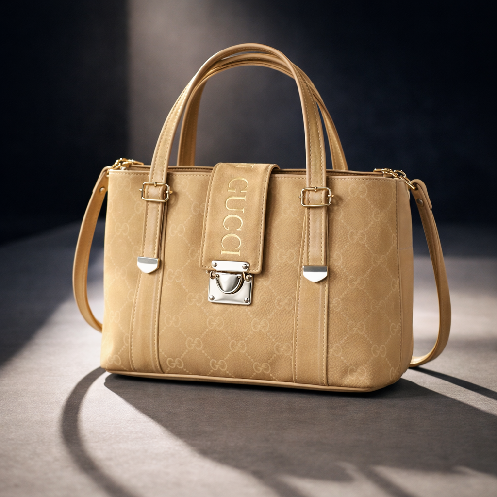 Premium Monogram Satchel Handbag – Elegant Beige Tote with Silver Accents