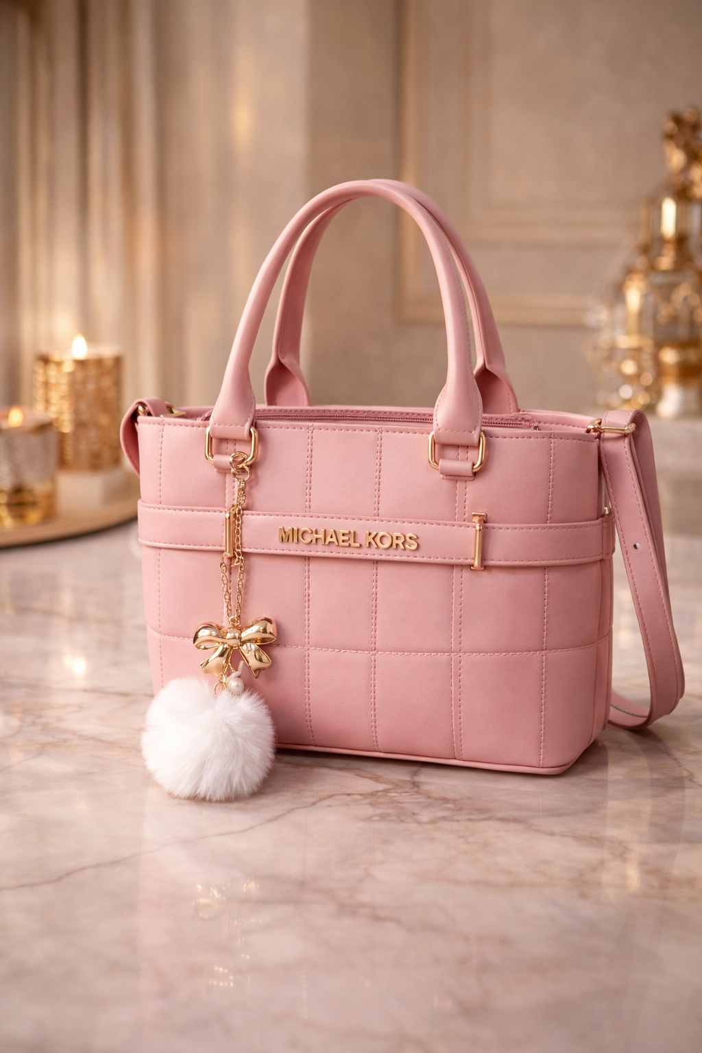 Elegant Top-Handle Bag with Faux Fur Pom-Pom Charm