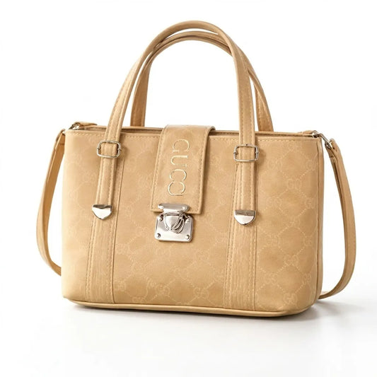 Premium Monogram Satchel Handbag – Elegant Beige Tote with Silver Accents