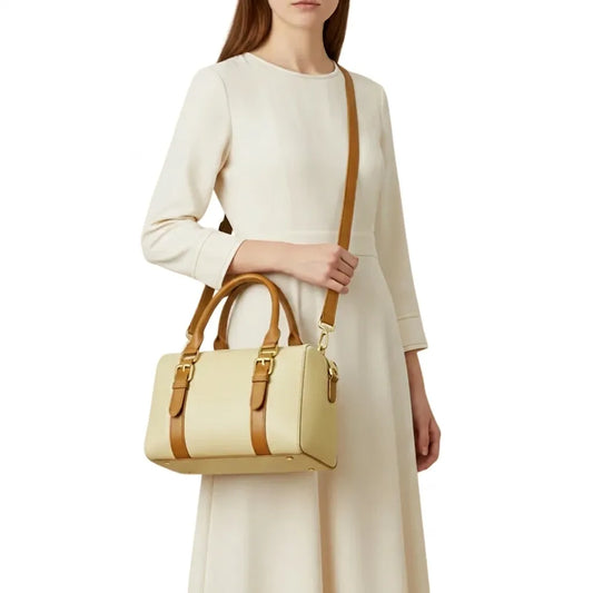 Classic Two-Tone Leather Boston Handbag (B4U-1003)