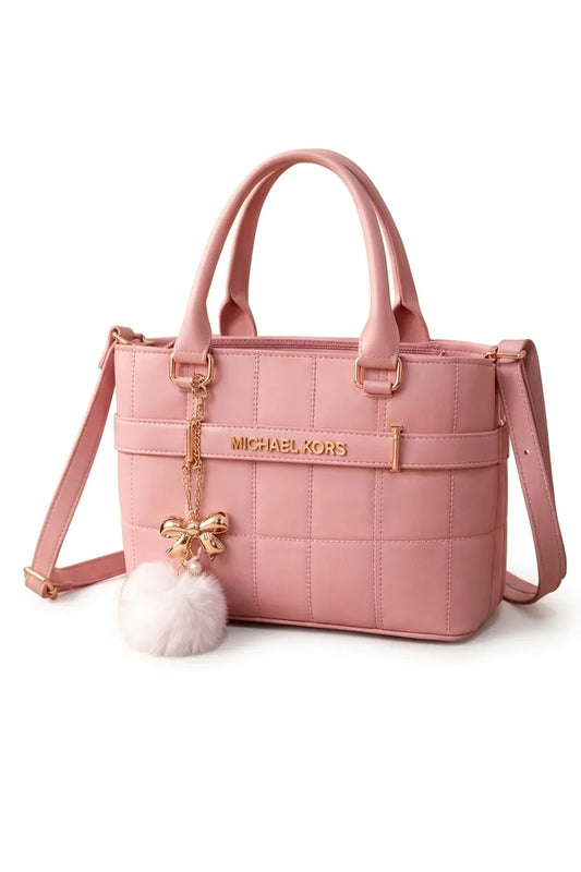 Elegant Top-Handle Bag with Faux Fur Pom-Pom Charm